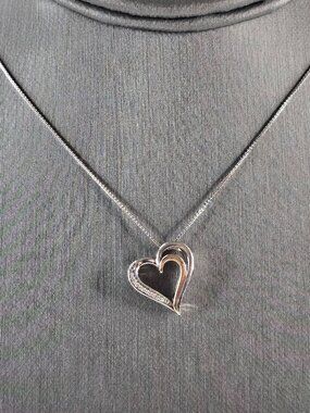 Vintage Sterling Silver 10K Gold Diamond Heart Pendant Necklace 3.9g E2363
